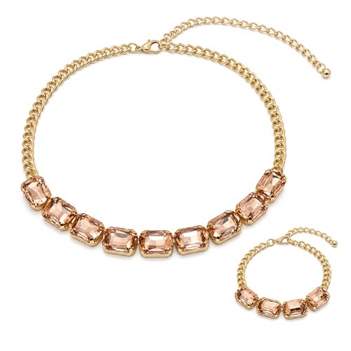 Fashionable Chunky Plated Tennis Rhinestone Statement Necklace Jewelry Set for Women Multicolor gem necklace with Great Sparkle and Shine Design for Women to Easy Match - color: LIGHT RED rhinestone necklace