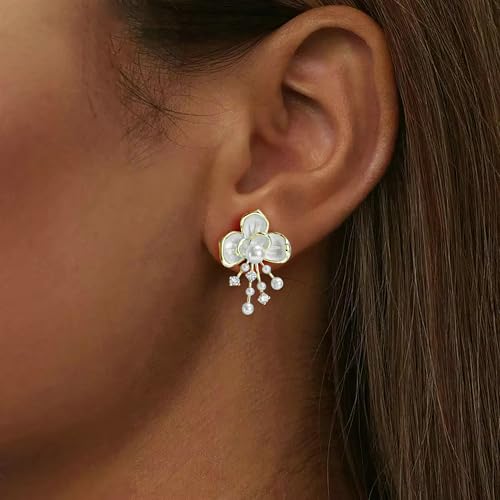 Pink Flower Earrings for Women, 925 Sterling Silver Stud Earrings, Cute Plumeria Earrings For Women, Cherry Blossom Hypoallergenic Stud - color: White Orchid Pearl