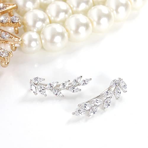 14K Gold or 925 Sterling Silver Plated Ear Crawler Earrings for Women - Crystal Leaf Ear Climber Earrings - Hypoallergenic, Safe for Sensitive Ears - color: 925 Sterling Silver Plated