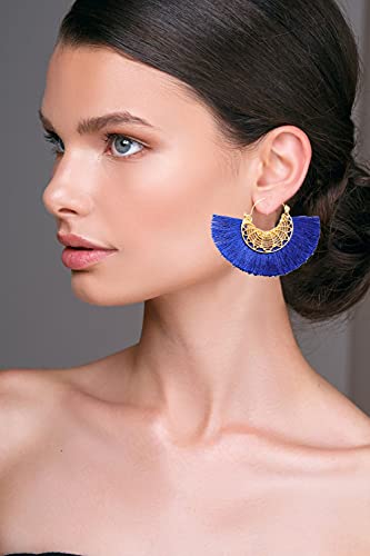 Tassel Hoop Earring Statement Thread Dangle Earrings Stylish Long Fringe Drop Earrings Lightweight Long Swingy French Hook Earrings for Women - color: B Sapphire Blue