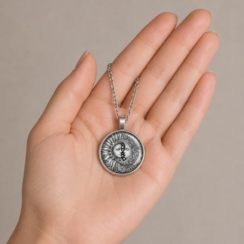1pc Stunning Round Pendant Necklace - Unique Sun & Moon Pattern, Oil Painting Style Glass Mosaic, Alloy Construction, Trendy Sweater Chain, Fashionable Gift for Women - Christmas or Birthday Gift - color: Gray Sun/Moon Silver Chain