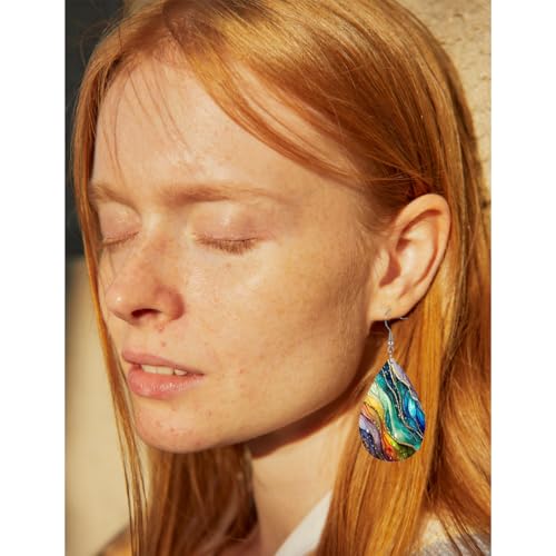PU Teardrop Earrings for Women Vintage Color Art Personality Aesthetic Earrings Lightweight Double Sided PU Printed Leather Earrings Boho Jewelry Gifts