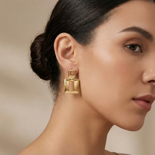 MUYAN Gold Silver Geometric Drop Dangle Earrings for Women Brushed Link Square Dangle Earrings Trendy Jewelry - color: C Gold