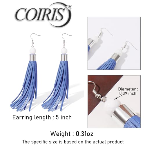 Coiris Boho Leather Layered Tassel Earrings for Women Lightweight Leather Fringe Dangle Earrings Handmade Bohemian Summer Beach Western Drop Earrings for Women - color: Blue
