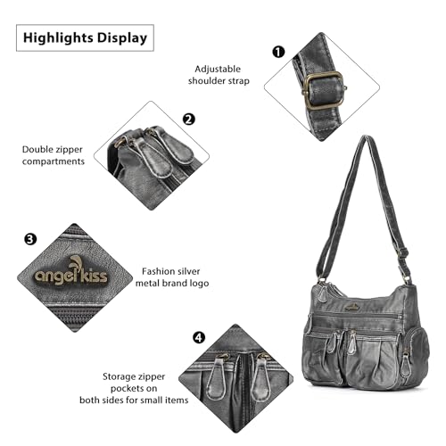 Angel Kiss Crossbody Bags for Women, Ladies Shoulder Handbags and Purses Medium Faux Leather Pocketbooks | Ladies - color: Silver Grey