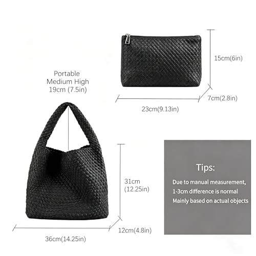 Woven Tote Bag For Women, Large Vegan Leather Travel Handbag, Casual Work Shoulder Bag, Underarm Commuter Hobo Bag With Purse - color: Black
