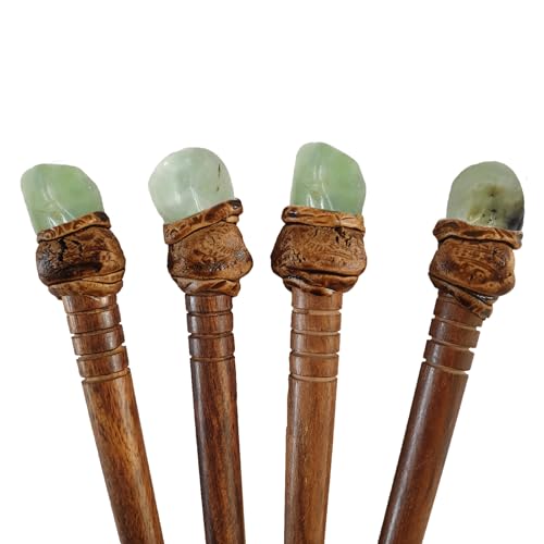 Natural Tumbled Healing Gemstone Crystal Wooden Hair Stick Handmade Gifts Boho Reiki by Smoky Quartz (Prihenite) - color: Prihenite
