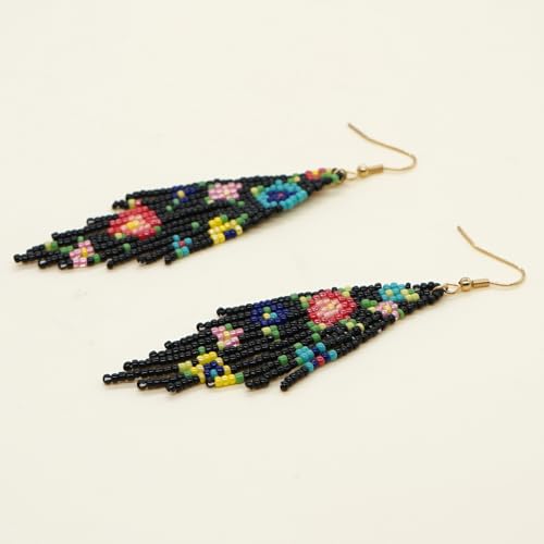 Flower Black Beaded Long Tassel Western Native American Earrings For Women Dangling - color: flower