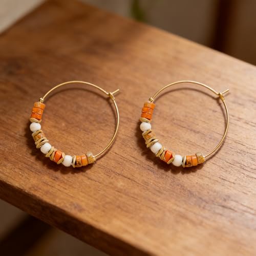 Natural Stone Beaded Hoop Earrings for Women, Boho Handmade Lightweight Hypoallergenic Trendy Summer Beach Accessories Fashion Jewelry Gift - color: Orange