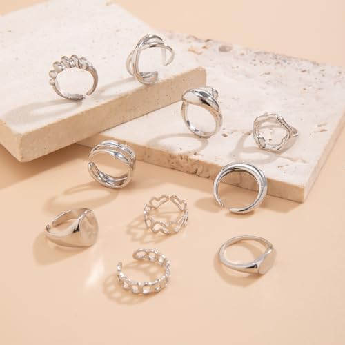 Chunky Rings for Women Adjustable Thick Rings Set Trendy Statement Stackable Ring for Women Chunky Jewlery Irregular Dome Flower Finger Knkuckle Thumb Ring - style: Style 5 - 10pcs s