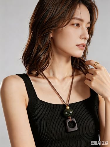 Kelake Leather Necklace for Women Men Teen Vinatge Boho Alloy Pendant Choker Jewelry Fashion Sweater Necklaces with Adjustable Genuine Leather Chain - color: Jade Bead Square Wood Pendant