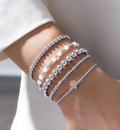 Gold Beaded Bracelets for Women, 14K Real Gold Plated Jewelry for Women Dainty Pearl Bead Bracelets Stack, Non Tarnish Trendy Stackable Ball Cross Stretch Bracelet Set Fashion Accessories Gifts - color: Silver cross bead