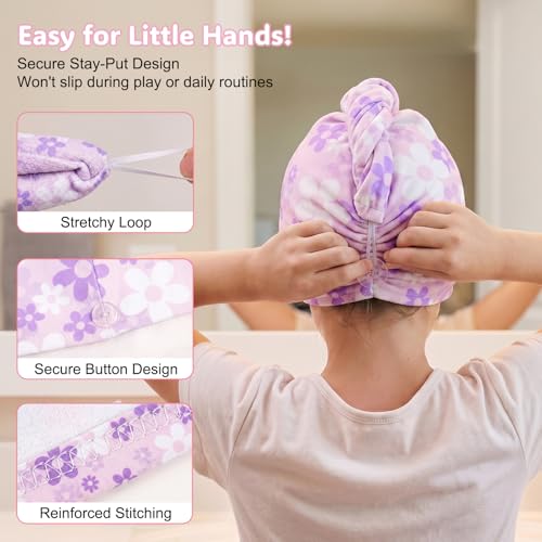 Basumee Microfiber Hair Towel Wrap for Kids 2 Pack Rapid Drying Hair Towel with Button Hair Turbans for Wet Hair Wraps Head Towel Wrap for Women and Girls - color: Pink White Purple Flowers
