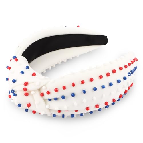 YISSION 4th of July Red White Blue Beaded Knotted Wide Headband for Adults - Patriotic Festival Hair Accessory for Independence Day Parades & Celebrations - color: Red,Blue,White