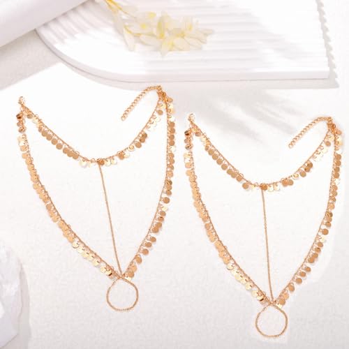 2PCS Gold Barefoot Sandals for Women Sequins Foot Chains Boho Beaded Anklets Layered Tassel Barefoot Sandals Jewelry - style: Sequins-A