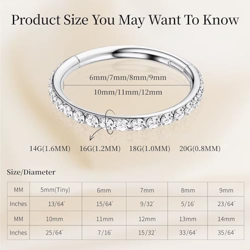 2Pcs Nose Ring Hoop Set: 14G 16G 18G 20G 316L Surgical Steel Septum Rings Hypoallergenic Body Jewelry 6/7/8/9/10/12MM Cartilage Earrings for Women Men - color: Silver-Single+Single CZ