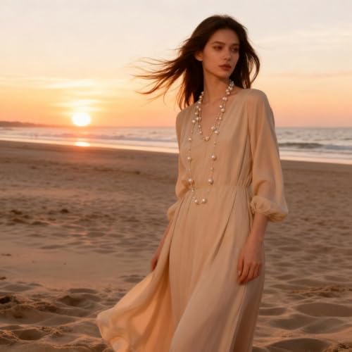 Layered Pearl Necklaces for Women Big Pearl Long Chain Necklace Dainty Faux Pearl Necklaces Statement Sweater Strand Chain Jewelry - style: champagne