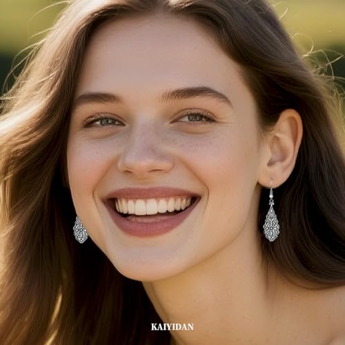 Silver Dangle Earrings For Women Trendy,Boho Cute Drop Western Earings,Vintage Gothic Ethnic Statement Beach Vacation Long Earrings with Leaf Teardrop Turquoise Crystal Tassels,Fashion Jewelry Birthday Gift. - color: A12) Retro Floral Carved Dangle