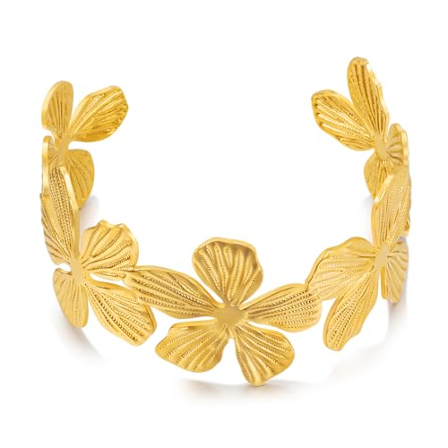 WOWORAMA Chunky Gold Cuff Bracelets for Women Vintage Gold Flower Butterfly Bracelet Trendy Boho Wide Open Cuff Bangles Matte Statement Bracelet - color: Gold Flower