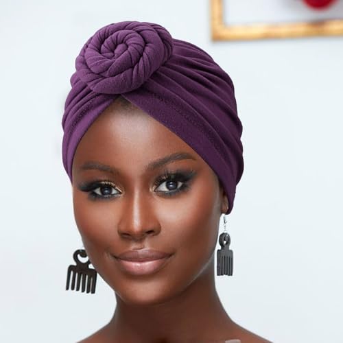 African Women Turban Caps Pre-Tied Twisted Turbans Head Scarf for Women Hair Wraps Cover Beanie Cancer Chemo Headwear - color: 1 Pack Twisted Braid Flower: Purple