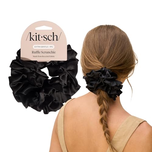 Kitsch Recycled Satin Ruffle Scrunchie – Gentle Hair Scrunchie for Women, Eco-Friendly Hair Tie No Damage, Stylish Ponytail Holder | Ideal Gifts for Women - Black - color: Black Ruffle