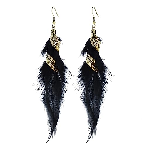 Bohemian Handmade Natural Long Feather Dangle Earrings for Women Multicolor Tassel Feathers Dangle Drop Earrings Vintage Bohemian Earrings Boho Feather Earrings - color: Black