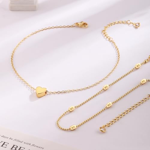 2/3 PCS Gold Anklets for Women Waterproof Cuban Link Anklet Beaded Bracelets Stackable Bracelets 14K Gold Plated Custom Jewelry Gifts Non Tarnish Lightweight - style: Gold Anklet 04