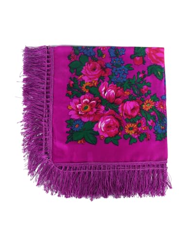 MJ SERECA Acrylic Bandana Printed Hair Scarf Square Ukrainian Head Scarf Floral Babushka Neck Scarf for Women 30"/42"/60" - color: Purple With Tassel