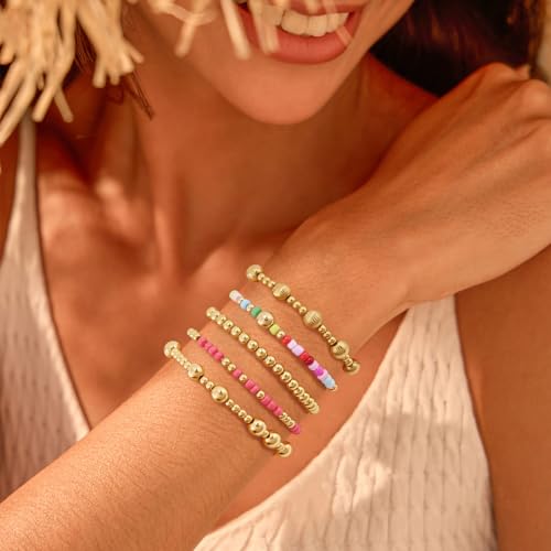 VIBILIA Gold Beaded Bracelets Set for Women 14K Gold Plated Dainty Pearl Cross Bracelet Stack Stretch Bracelet Set Fashion Accessories Gifts - color: 5P-XY-3798-Color