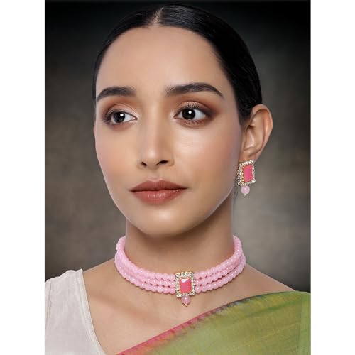 Aheli Ethnic Choker Necklace Earrings Wedding Bollywood Party Jewelry Set Gift for Women - color: Pink