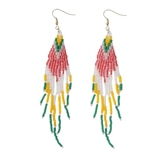 Flower Black Beaded Long Tassel Western Native American Earrings For Women Dangling - color: yellow green