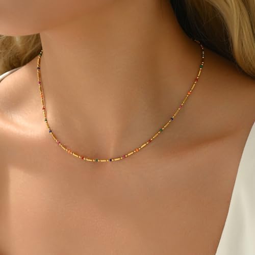 NONAMOIS Gold Chain Necklace for Women Dainty 18K Gold Plated Thin Satellite Beaded Turquoise Necklace Simple Layered Boho Jewelry Christmas Gifts - color: Colorful Chain-Gold