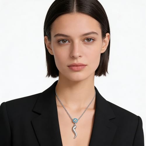 INFUSEU Italian Horn Necklace with Evil Eye for Women Protection Good Luck Gifts - color: Silver, style: Style A