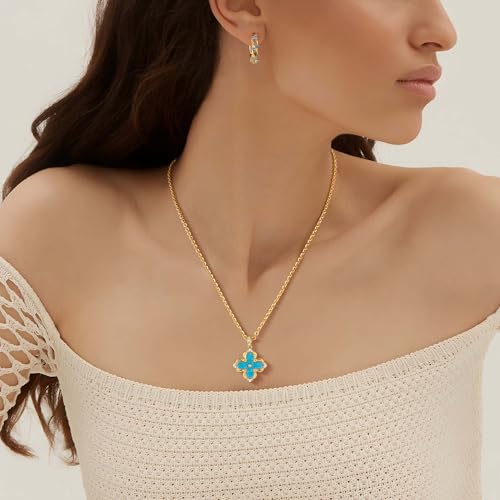 Fettero Dainty Gold Necklace for Women - Double Sided Pendant Necklace 14K Gold Plated Charm Clover Necklace Jewelry for Valentine's Day - color: Turquoise blue