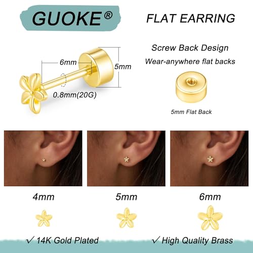 3 Pair Tiny Flat Back Earrings for Women - 14K Gold/White Gold Plated Dainty Cute Small Screw Flatback Stud Earring, Everyday Wear Gift - color: Flower Flat-4/5/6mm Gold