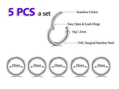 5Pcs 16G 18G Surgical Steel Nose Rings Hoop Tragus Septum Cartilage Hoop Earrings For Women Men Body Piercing Jewelry Kit Bar Length 6mm/8mm/10mm/12mm/14mm - style: 5Pcs -16G - Steel - 10mm