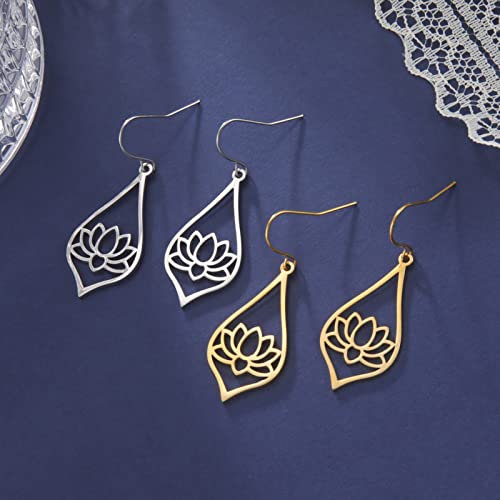 TEAMER Stainless Steel Lotus Flower Dangle Earrings Bohemian Drop Earring Unique Geometric Jewelry for Women - color: Lotus 3-Steel Color