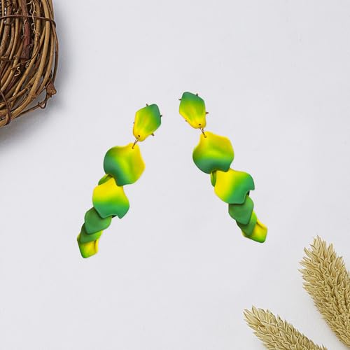 Long Acrylic Rose Petal Earrings Dangle Exaggerated Flower Earrings Drop Statement Floral Tassel Earrings for Women - color: Neon Green + Yellow