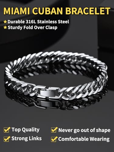 ChainsHouse Stainless Steel Cuban Link Bracelet, 8mm/12mm/17mm Width, 7.5"/8.3"/9", 18K Gold Plated Chain Wrist Bracelets for Men Women, Send Gift Box - color: B: Steel-8mm width