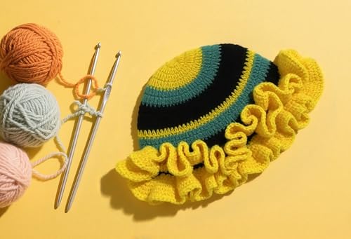 Handmade Crochet Bucket Hat for Women Boho Chic Slouchy Design Colorblock Ruffled Brim Festival&Daily Crochet Hat - color: Yellow Green Black