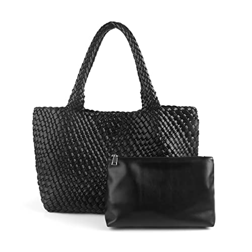 Woven Tote Bag Womens Purse Vegan Leather Shoulder Handbags Fashion Summer Beach Tote Bags Large Travel Totes - color: Black