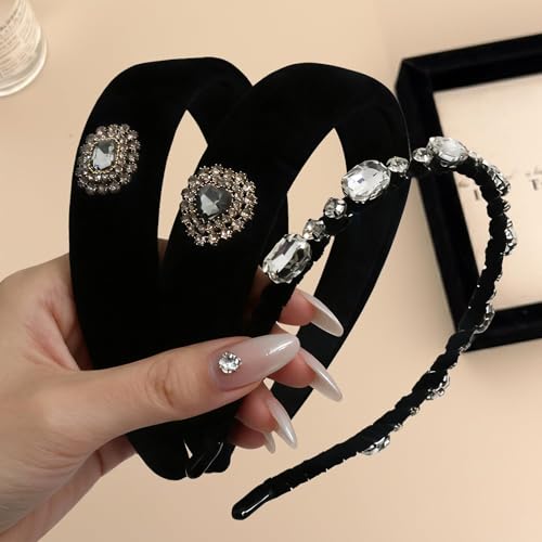 3 Pack Black Velvet Headbands for Women, Rhinestone Jeweled Thick Padded Hairbands & Thin Braided Crystal Hair Hoop, Vintage Baroque Sparkly Hair Accessories for Wedding Party - color: Velvet Crystal