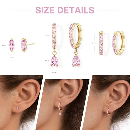 14K Gold Plated Small Huggie Hoop Earrings Set for Women, Hypoallergenic Dainty Sterling Silver Dangle Studs for Cartilage Helix, Lightweight Trendy Cute Stack Birthstone Jewelry Gift - color: 10_Pink Tourmaline_Oct_Gold