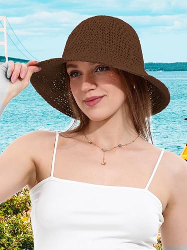 Womens Sun Hat Handmade Crochet Straw Bucket for Summer Foldable Travel Cap - color: Coffee