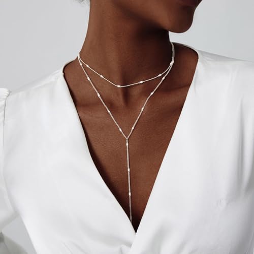 HAXIYA Lariat Gold Necklace for Women Dainty Long Necklace 14K Gold Plated/Silver Y-Shaped Pendant Drop Chain Layered Pearl/Beaded/CZ Necklaces Gold Jewelry Gift for Prom/Wedding - style: Sequin - Silver