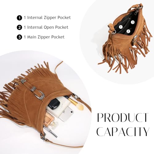 Fringe Hobo Purse for Women,Western Small Fringed Shoulder Bag Vegan Suede Hippie Crossbody Bag with Tassel - color: Brown