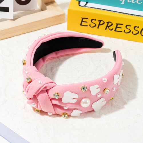 PANTIDE Dentist Jeweled Knotted Headband - Dental Hygienist Assistant Gift Teeth Rhinestone Embellished Headband Non Slip Wide Top Knot Hairband Hair Accessories Birthday Gift for Women Girls (Pink) - color: Pink Dentist