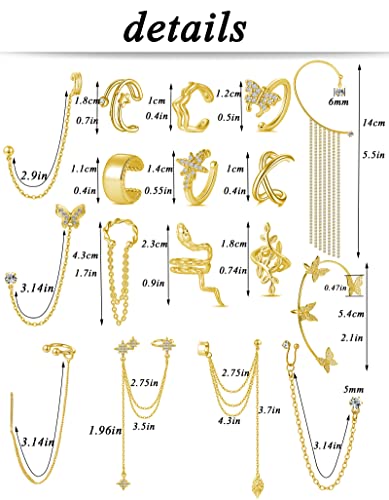 Tornito 17Pcs Ear Cuffs Chain Earrings Snake Butterfly Leaf Non Piercing Clip on Earring Fake Helix Cartilage Earrings Ear Clip Jewelry Silver Gold Tone - color: B:Gold Tone