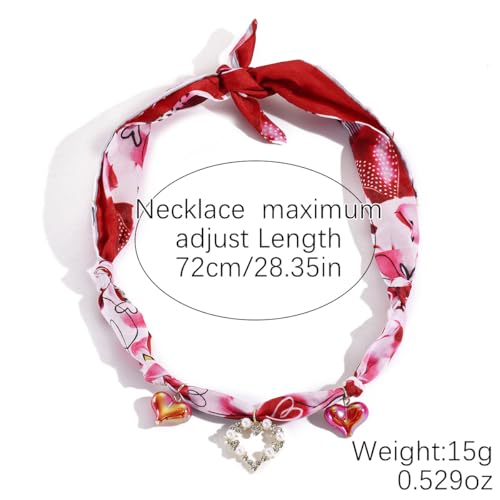 Scarf Long Fabric Colorful Silk Scarves Multi Pendant Necklace For Women Statement Boho Choker Twisted Ribbon Band Pearl Accent Heart Maple Leaf Bee Daisy Dragonfly Star Green Gem Charms - color: Red Heart