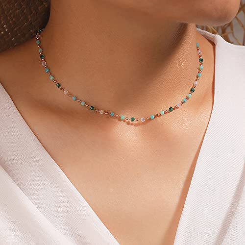 FUTIMELY Bohemia Green Beaded Beads Choker Necklace for Women,Simple Fresh Green Beaded Square Round Bead Choker Necklace - color: Gold